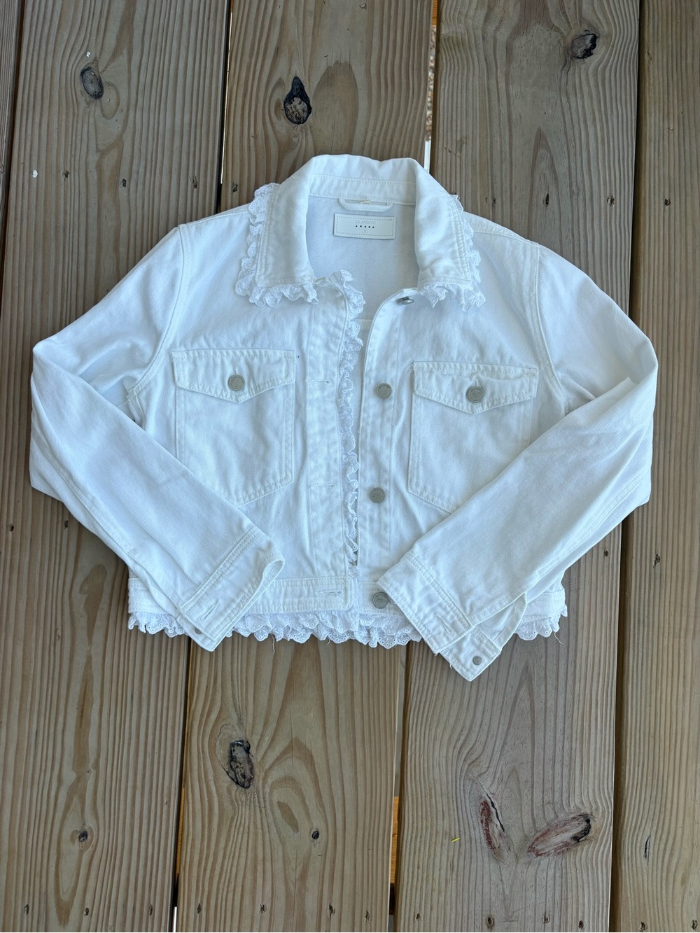 [BLANKNYC] White Denim Eyelet Lace Ruffle Cropped Jacket